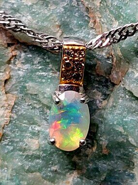 Vibrant Natural Ethiopian opal and diamond necklace